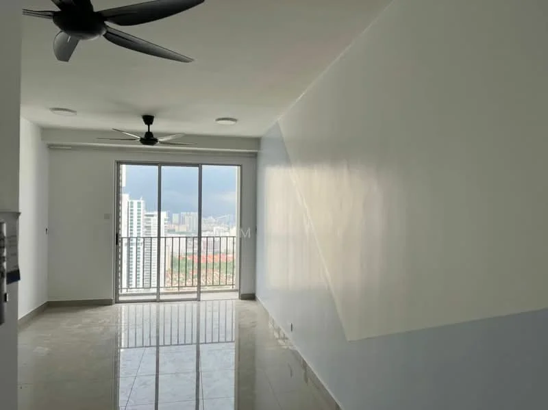 Living features: white painted walls, grey accent wall, polished ceramic tile flooring, 2 ceiling fans, floor-to-ceiling sliding glass door, balcony access, city skyline view, recessed downlights; style: modern; view: city.
