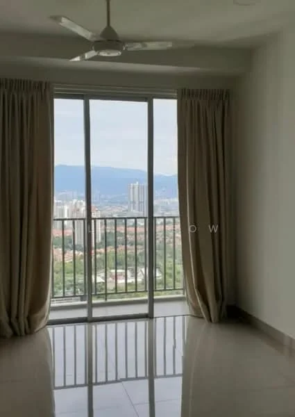 Room features: floor-to-ceiling windows, sliding glass door, curtains, white painted walls, polished tile flooring, ceiling fan, city view; style: modern; view: city.