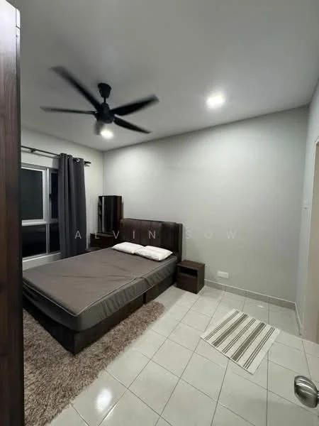 Bedroom features: queen-size bed, upholstered headboard, nightstand, 5-blade ceiling fan with light, grey curtains, tile flooring, white painted walls, area rug, sliding glass door, built-in wardrobe; style: modern.