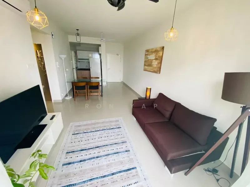 Living features: 3-seater fabric sofa in brown, TV console, wall-mounted TV, area rug with geometric pattern, pendant lighting, ceiling fan, decorative wall art, dining table with chairs, floor lamp, large window with natural light, neutral painted walls, glossy tile flooring; style: modern.