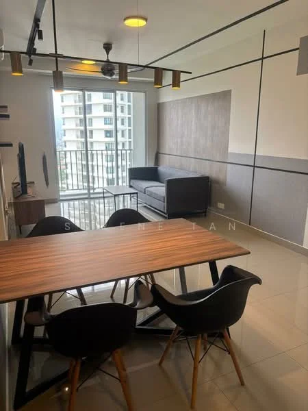 Living features: grey fabric sofa, wooden coffee table, black dining chairs, dining table with wooden top, floor-to-ceiling windows, sliding glass door, light fixtures with multiple bulbs, recessed downlights, cream painted walls, glossy tile flooring, ceiling fan; style: modern; view: city.