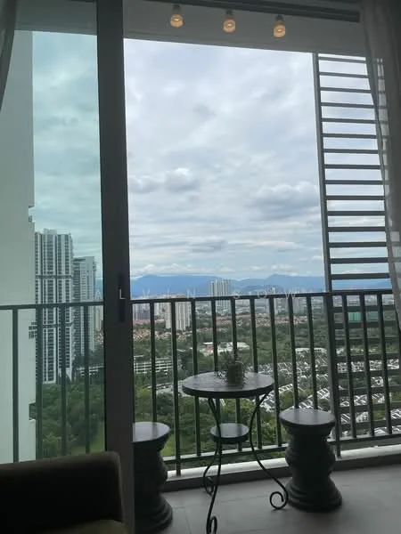 Room features: floor-to-ceiling windows, sliding glass door, balcony with railing, outdoor table with two chairs, city skyline view, mountain view, curtains, concrete flooring; style: modern; view: city.