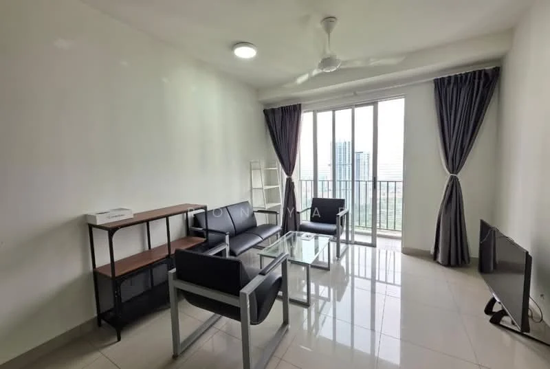 Living features: 3-seater black leather sofa, 2 black armchairs, glass coffee table, TV console, wall-mounted TV, floor-to-ceiling windows, grey curtains, white painted walls, ceiling fan with light, glossy tile flooring; style: modern; view: city.