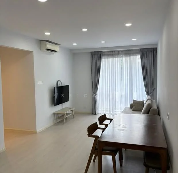 Living features: light wood flooring, white painted walls, recessed LED downlights, floor-to-ceiling windows, sheer curtains, wall-mounted TV, light grey fabric sofa, wooden dining table, 3 wooden chairs, wall-mounted split AC; style: modern.