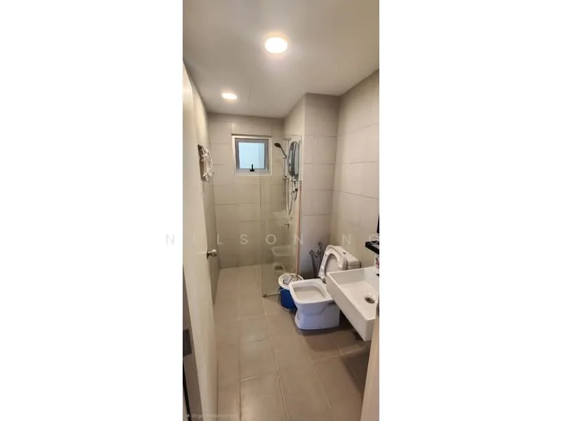 Bathroom features: grey tiled walls, light grey tiled flooring, walk-in shower with glass enclosure, chrome handheld shower, toilet, single-sink vanity with white cabinet, mirror above sink, window for natural light, recessed ceiling lights; style: modern.