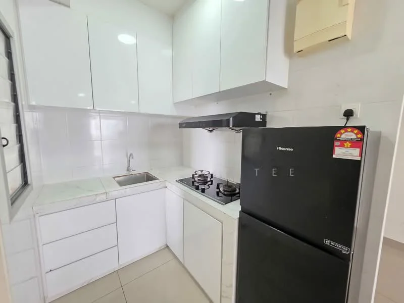 Kitchen features: white glossy cabinetry, marble countertop, single-bowl stainless-steel sink, chrome pull-down faucet, built-in gas stove with two burners, black refrigerator, white tiled backsplash, cream tiled flooring, wall-mounted range hood, window with white frame; style: modern.