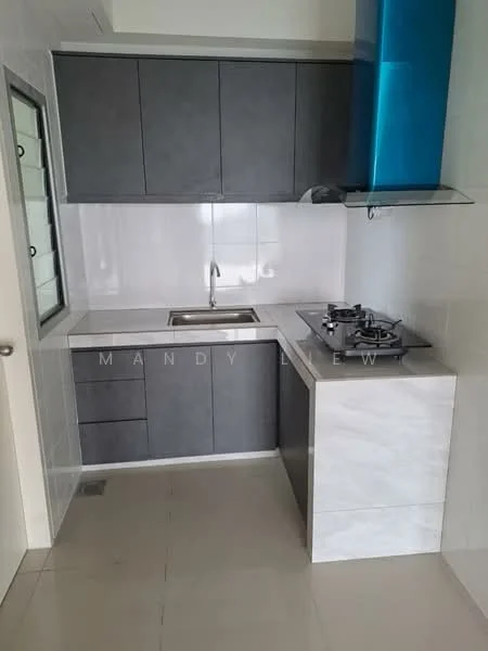 Kitchen features: grey cabinetry, stainless-steel sink, chrome faucet, gas cooktop with 4 burners, white marble countertop, white tiled backsplash, ceramic tile flooring, window with metal grille; style: modern.
