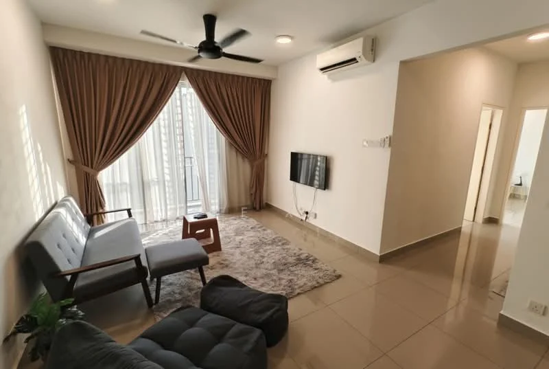Living features: 5-blade ceiling fan with light, wall-mounted TV, sofa with wooden frame, area rug with geometric pattern, curtains in brown, sliding glass door, floor-to-ceiling windows, cream painted walls, tile flooring, air conditioning unit; style: modern; view: city.