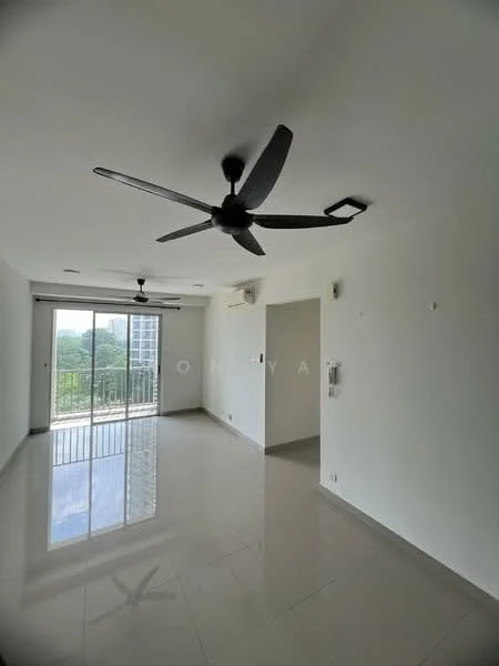 Living features: white painted walls, polished tile flooring, 5-blade ceiling fan with light, sliding glass door, floor-to-ceiling windows, balcony access, air conditioning unit, recessed downlights; style: modern; view: garden.