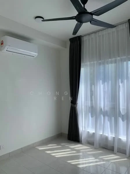 Room features: white painted walls, grey curtains, floor-to-ceiling windows, wall-mounted split AC, ceiling fan, glossy tile flooring; style: modern.