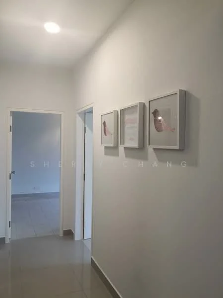 Hallway features: white painted walls, grey tile flooring, recessed ceiling lights, framed artwork on walls, doorway leading to another room, doorway leading to a room on the left; style: modern.
