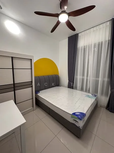 Bedroom features: queen-size bed with mattress, upholstered headboard, 2 bedside lamps, built-in wardrobe with sliding doors, white walls, grey tiled flooring, 5-blade ceiling fan with light, floor-to-ceiling windows with sheer curtains, decorative yellow accent wall, study desk; style: modern.
