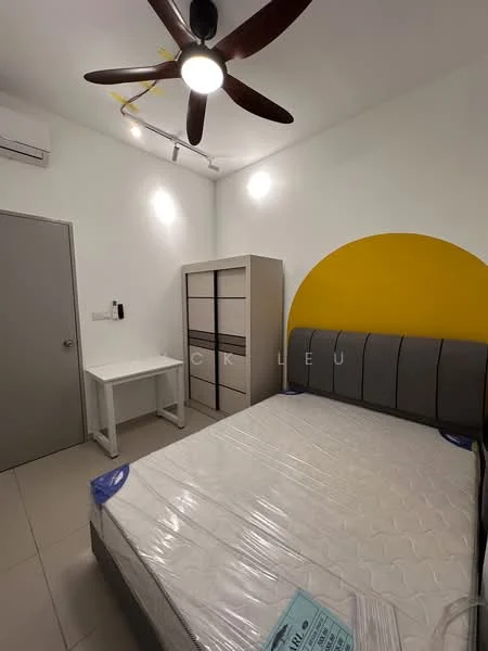 Bedroom features: queen-size bed with mattress, upholstered headboard, ceiling fan with light, built-in wardrobe with sliding doors, study desk, white painted walls, tile flooring, air conditioning unit on wall, two wall-mounted lights; style: modern.