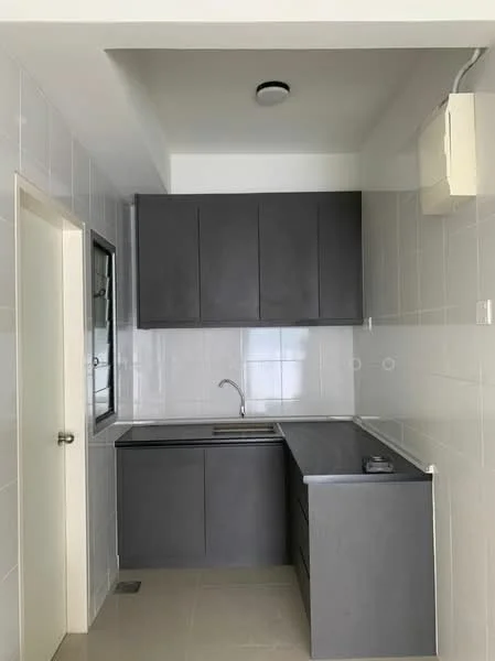 Kitchen features: grey cabinetry, single-bowl stainless-steel sink, chrome pull-down faucet, white tiled backsplash, grey countertop, built-in cabinets, wall-mounted split AC, recessed ceiling light, tile flooring, window with black frame, door leading to hallway; style: modern.