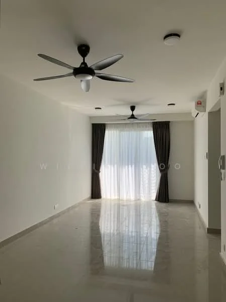 Living features: white painted walls, marble tile flooring, 5-blade ceiling fan with light, recessed downlights, floor-to-ceiling windows, sheer curtains, dark brown curtains, wall-mounted air conditioning unit; style: modern.