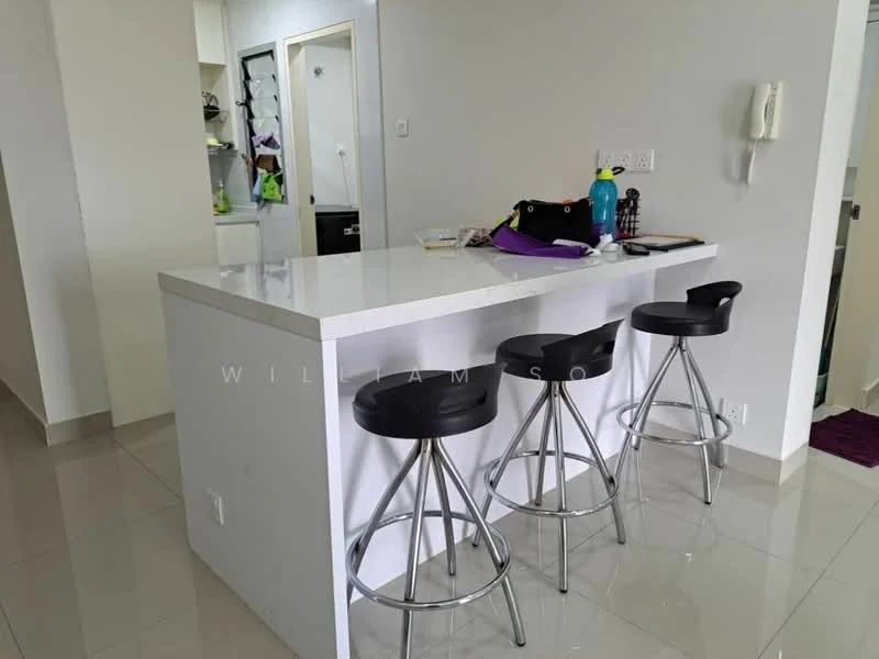 Kitchen features: white quartz countertop, kitchen island with seating, 3 bar stools with black seats, white painted walls, glossy ceramic tile flooring, built-in cabinets, refrigerator visible in background, kettle on countertop, water bottle on countertop, phone on wall, open layout to living area; style: modern.