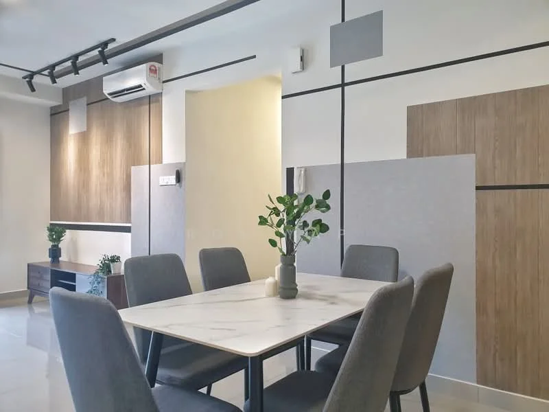 Dining features: marble dining table, 4 upholstered dining chairs, wooden sideboard, grey accent wall, light wood paneling, recessed downlights, air conditioning unit, decorative plant in vase; style: modern.