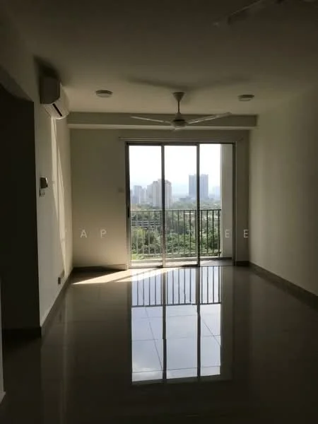 Living features: floor-to-ceiling windows, sliding glass door, 5-blade ceiling fan, recessed downlights, cream painted walls, polished tile flooring, balcony view of city skyline, air conditioning unit; style: modern; view: city.