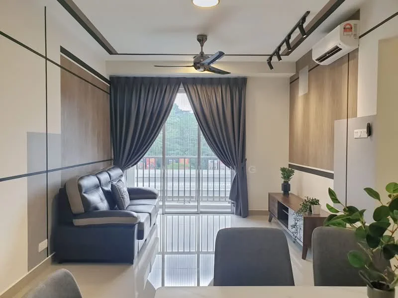 Living features: 3-seater leather sofa in black, floor-to-ceiling windows, grey curtains, white walls with black accent lines, polished tile flooring, ceiling fan with light, wall-mounted TV, wooden TV console, decorative plants on console; style: modern; view: city.
