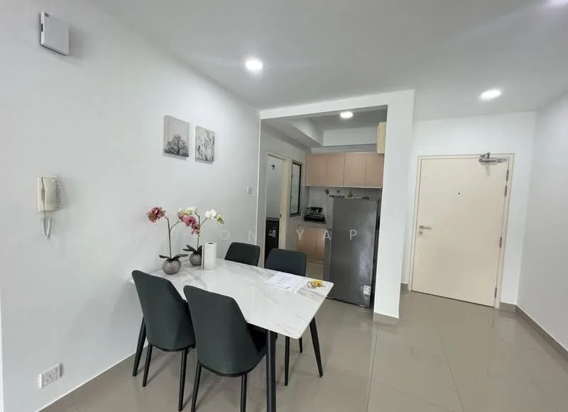 Dining features: white marble dining table, 4 upholstered dining chairs in black, light grey walls, recessed ceiling lights, tile flooring, kitchenette visible in background, stainless-steel fridge, wall-mounted intercom, decorative wall art, doorway leading to hallway; style: modern.