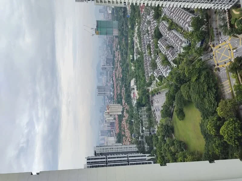 Exterior type: high-rise condominium; features: city skyline view, surrounded by greenery, adjacent to urban area, visible roadways, open green space, high-rise buildings in the background; style: modern.