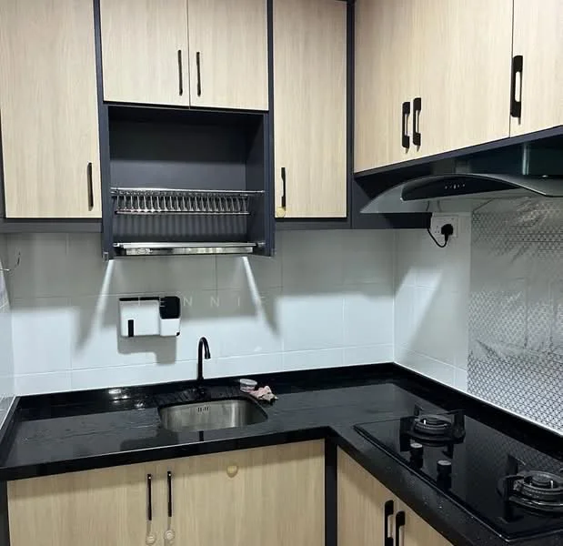 Kitchen features: black granite countertop, light wood cabinetry, black cabinet handles, stainless-steel sink, chrome pull-down faucet, built-in gas stove with two burners, black glass range hood, white tiled backsplash, open shelving above the countertop, kitchen towel holder, wall-mounted paper towel dispenser; style: modern.