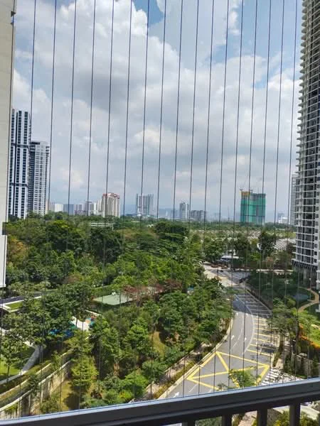 Balcony features: glass railing, city skyline view, greenery view, outdoor flooring, overhead awning, safety netting, access from living room; style: modern; view: city.