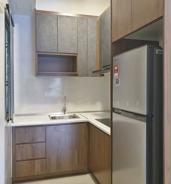 Kitchen features: single-bowl stainless-steel sink, chrome pull-down faucet, grey laminate cabinetry, wooden lower cabinets, white tiled backsplash, built-in stove, stainless-steel fridge, countertop with integrated cooktop, under-cabinet lighting, window with blinds; style: modern.