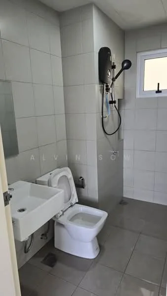 Bathroom features: white ceramic toilet, wall-mounted basin, chrome basin mixer faucet, shower with wall-mounted showerhead, grey ceramic tile flooring, white tiled walls, mirror above basin, window for natural light; style: modern.