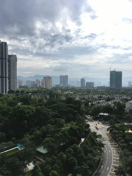 Exterior type: high-rise condominium; features: city skyline view, surrounded by greenery, curved road, multiple high-rise buildings, construction site visible, hills in the background; style: modern.