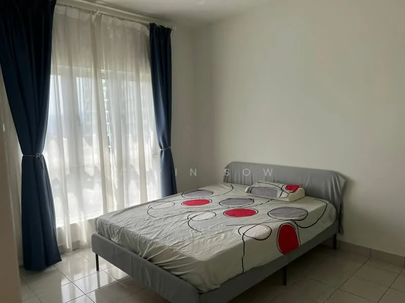 Bedroom features: queen-size bed with grey bedding, decorative pillows in red and grey, floor-to-ceiling windows, sheer white curtains, dark blue blackout curtains, tile flooring, plain white walls, ceiling light fixture; style: minimalist.
