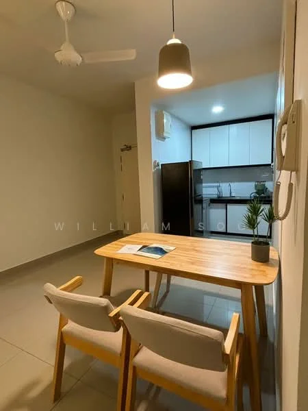 Dining features: wooden dining table, 2 wooden chairs with fabric cushions, recessed ceiling lights, 5-blade ceiling fan, grey tiled flooring, white painted walls, open kitchen layout, kitchen cabinetry visible in background, stainless-steel fridge visible in background; style: modern.