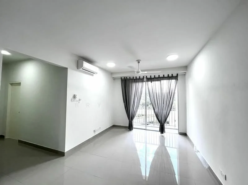 Living features: white painted walls, grey tiled flooring, 5-blade ceiling fan with light, floor-to-ceiling sliding glass door, sheer curtains, air conditioning unit, natural light from windows, balcony access; style: modern; view: garden.