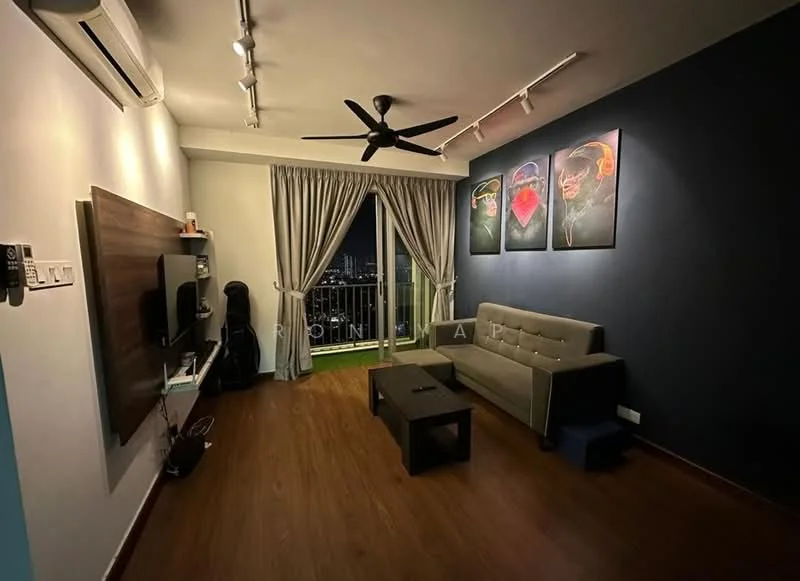 Living features: wooden flooring, blue accent wall, grey fabric sofa, black coffee table, wall-mounted TV, wooden TV console, 5-blade ceiling fan with light, floor-to-ceiling windows with sheer curtains, artwork on wall, air conditioning unit; style: modern; view: city.