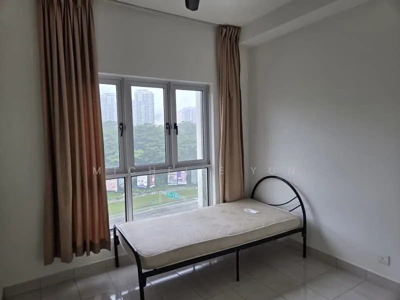 Bedroom features: single bed frame, mattress, floor-to-ceiling windows, curtains in beige, white painted walls, glossy tile flooring, ceiling fan, view of city skyline; style: modern; view: city.