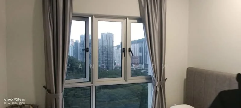 Room features: floor-to-ceiling windows, grey curtains, neutral wall colour, city skyline view; view: city.