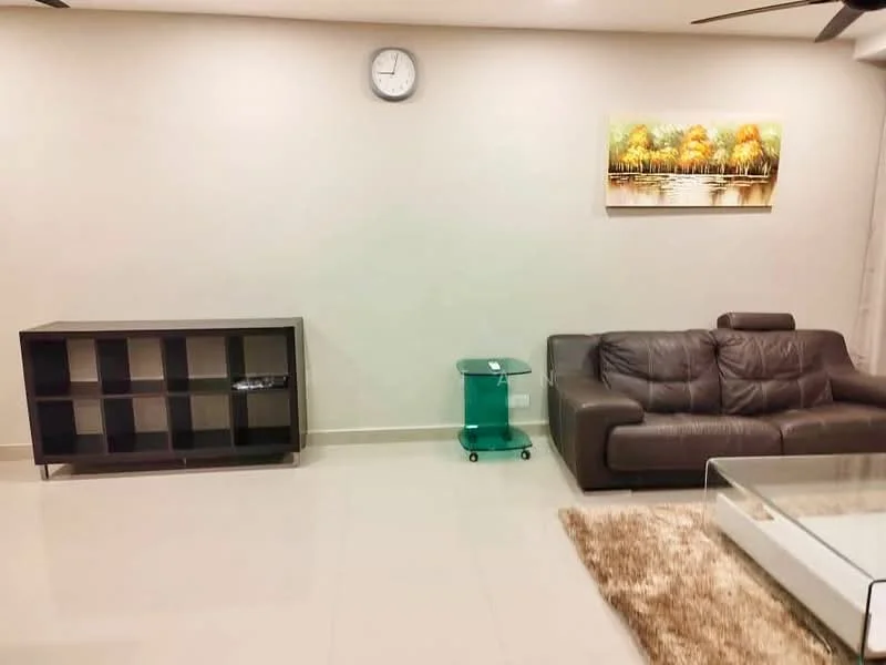 Living features: light grey painted walls, polished ceramic tile flooring, 3-seater leather sofa in dark brown, glass coffee table, black TV console with open shelving, green side table, decorative wall clock, framed artwork with autumn trees, area rug with neutral tones, ceiling fan; style: modern.
