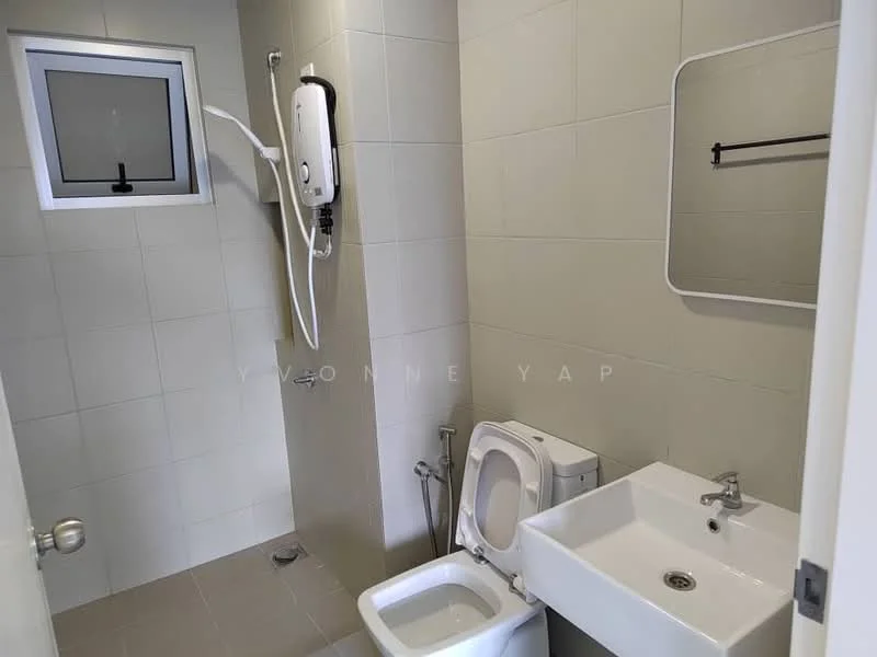 Bathroom features: white tiled walls, grey tiled flooring, shower area with wall-mounted showerhead, toilet, single-sink vanity with chrome faucet, mirror above sink, window for natural light, water heater mounted on wall; style: modern.