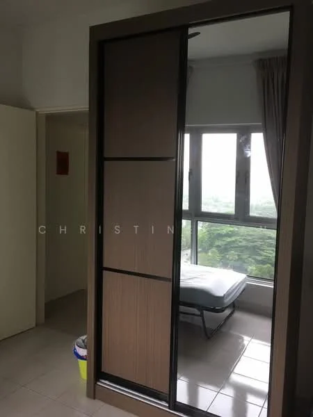 Room features: sliding door with wooden panels, large window with city view, curtains, tiled flooring, bed frame without mattress, waste bin, painted walls, light-colored walls; style: modern; view: city.