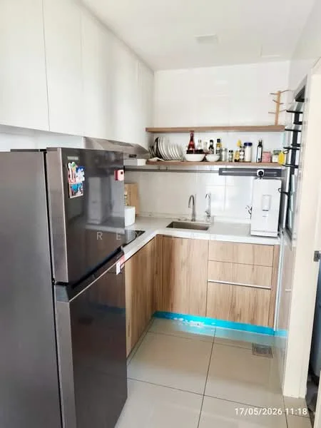 Kitchen features: stainless-steel fridge, single-bowl stainless-steel sink, chrome pull-down faucet, laminate countertop, wood cabinetry, open shelving, ceramic tile flooring, white upper cabinets, built-in microwave, kitchen utensils and condiments on shelves, wall-mounted window, recessed lighting; style: modern.