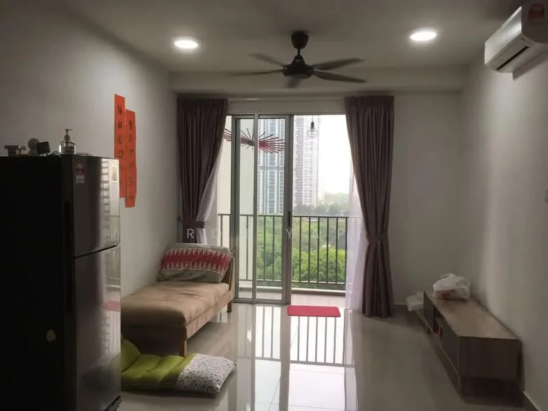 Living features: sofa with fabric upholstery in beige, floor-to-ceiling windows, sliding glass door, curtains in light fabric, ceiling fan with light, wall-mounted split AC, glossy tile flooring, decorative wall art, wooden bench, greenery view from window; style: modern; view: garden.