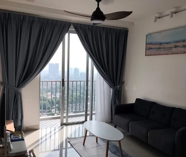 Living features: 3-seater fabric sofa in grey, round coffee table, floor-to-ceiling sliding glass door, sheer curtains, dark grey curtains, wall-mounted artwork, polished tile flooring, ceiling fan with light; style: modern; view: city.