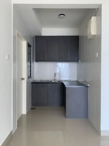 Kitchen features: dark cabinetry, white tiled backsplash, single-bowl stainless-steel sink, chrome pull-down faucet, countertop with overhang, built-in kitchen cabinet, wall-mounted air conditioning unit, tile flooring, recessed ceiling light; style: modern.