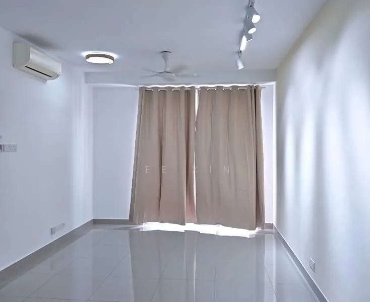 Room features: white painted walls, glossy tile flooring, ceiling light fixture, 5-blade ceiling fan, curtains, air conditioning unit, sliding glass door, natural light from windows; style: modern.