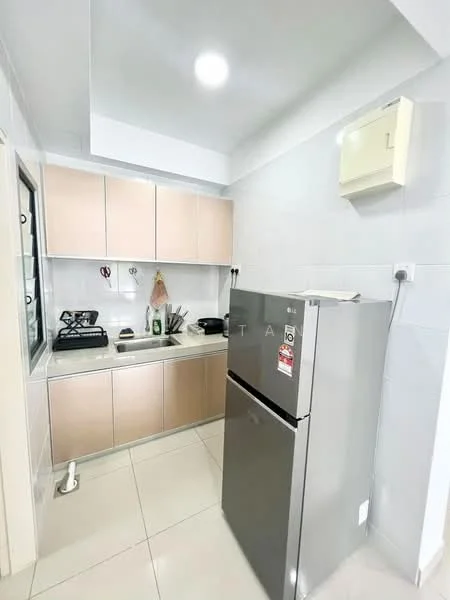 Kitchen features: light grey cabinetry, white tiled backsplash, stainless-steel fridge, built-in gas stove, black countertop, single-bowl stainless-steel sink, wall-mounted extractor fan, tile flooring, window for natural light, kitchen utensils hanging, wall-mounted electrical outlet; style: modern.