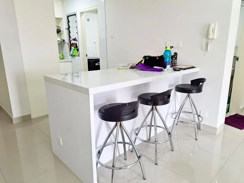 Kitchen features: white quartz countertop, white cabinetry, bar stools with black seats, open layout, glossy tile flooring, recessed lighting, wall-mounted phone, kitchen appliances visible in background; style: modern.