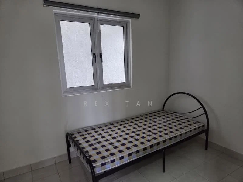 Bedroom features: single bed frame with mattress, white painted walls, floor-to-ceiling window, white window frame, ceramic tile flooring, checkered bedspread, no visible closet or storage, minimalist decor; style: minimalist.