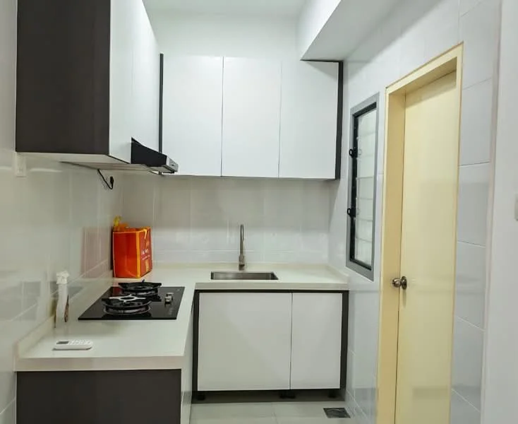 Kitchen features: white upper cabinets, dark lower cabinets, stainless-steel sink, chrome pull-down faucet, 2-burner gas hob, white countertop, grey tile backsplash, white tiled walls, grey tile flooring, window with black frame, door with yellow frame; style: modern.