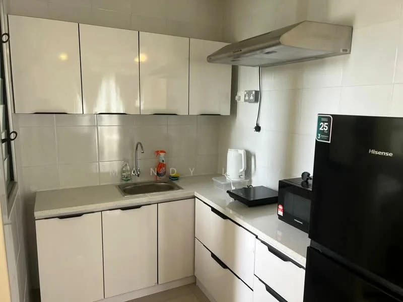 Kitchen features: white flat-panel cabinets, grey granite countertop, single-bowl stainless-steel sink, chrome pull-down faucet, built-in range hood, black fridge, white kettle, black countertop appliance tray, tile backsplash, ceramic tile flooring, window with metal grille; style: modern.