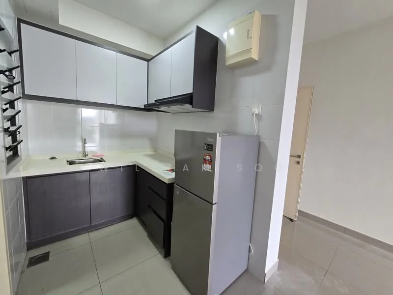 Kitchen features: L-shaped kitchen layout, white upper cabinets, dark wood lower cabinets, single-bowl stainless-steel sink, chrome pull-down faucet, white countertop, built-in refrigerator, ceramic tile backsplash, grey floor tiles, wall-mounted electrical panel, under-cabinet lighting; style: modern. Room features: plain white walls, grey floor tiles, doorway leading to another room.